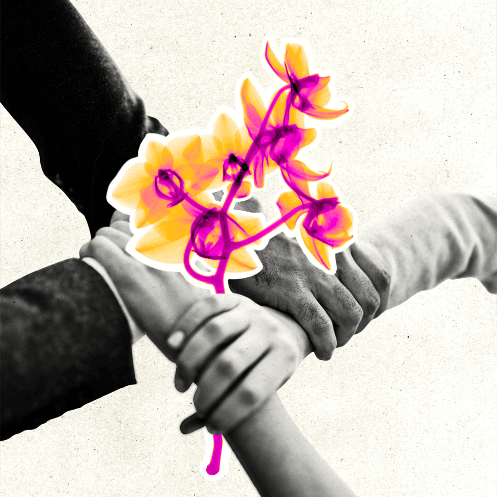 Titelbild der Weiterbildung F&E-Verträge rechtssicher gestalten: Vier Hände greifen ineinander, in der Mitte ein Blumenstängel mit Blüten.