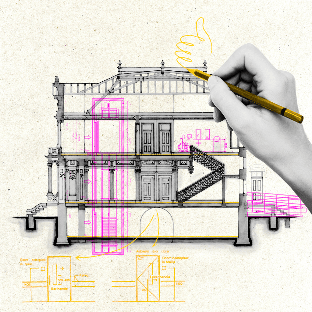 Titelbild der Weiterbildung Barrierefreiheit bei Bau und Umbau öffentlicher Gebäude: Eine Hand hält einen Bleistift und zeichnet ein Gebäude.