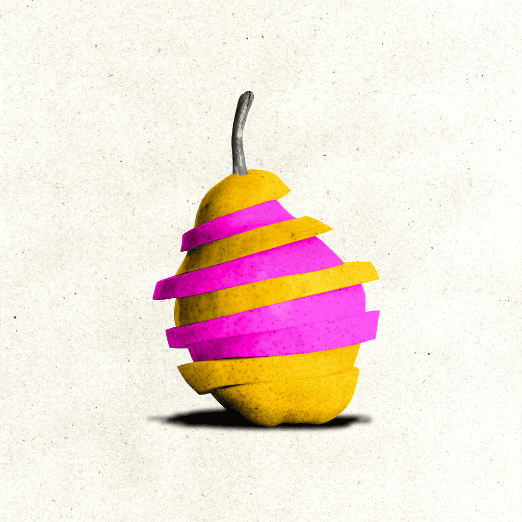 Titelbild der Weiterbildung zur Trennungsrechnung :Eine gelb-pinke Birne in Scheiben zerschnitten auf einem Teller.