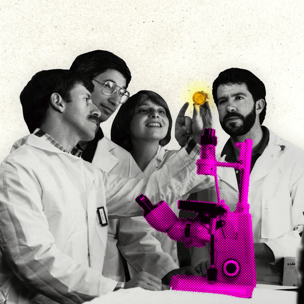 Titelbild der Weiterbildung Beihilfen im Bereich Forschung und Entwicklung: Eine Gruppe von Personen in Laborkitteln betrachtet ein Mikroskop.