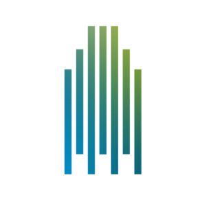 Modernes, stilisiertes Logo der Stadt Münster mit vertikalen Balken in Blau- und Grüntönen.