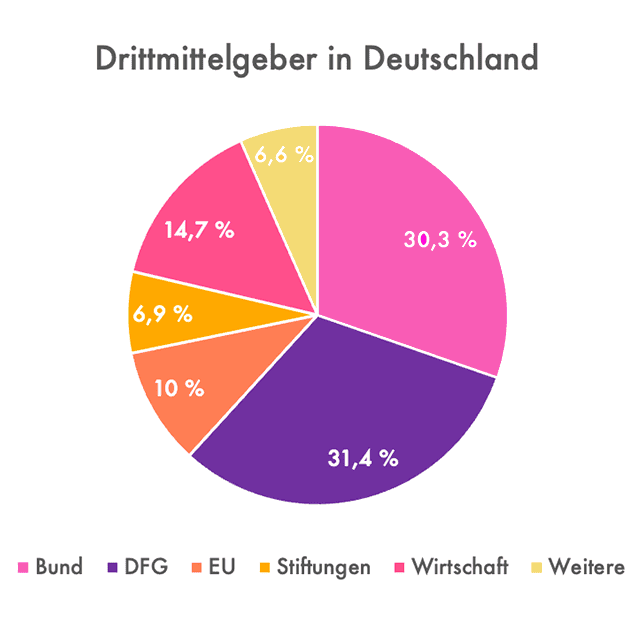 Tortendiagramm Drittmittelgeber in Deutschland Kreisdiagramm mit dem Titel „Drittmittelgeber in Deutschland“. Die Anteile der Drittmittelquellen sind wie folgt dargestellt: DFG (lila): 31,4 % Bund (pink): 30,3 % Wirtschaft (rosa): 14,7 % EU (orange): 10 % Stiftungen (gelb-orange): 6,9 % Weitere (hellgelb): 6,6 % Das Diagramm zeigt die prozentuale Verteilung der wichtigsten Drittmittelgeber für Forschungseinrichtungen in Deutschland.